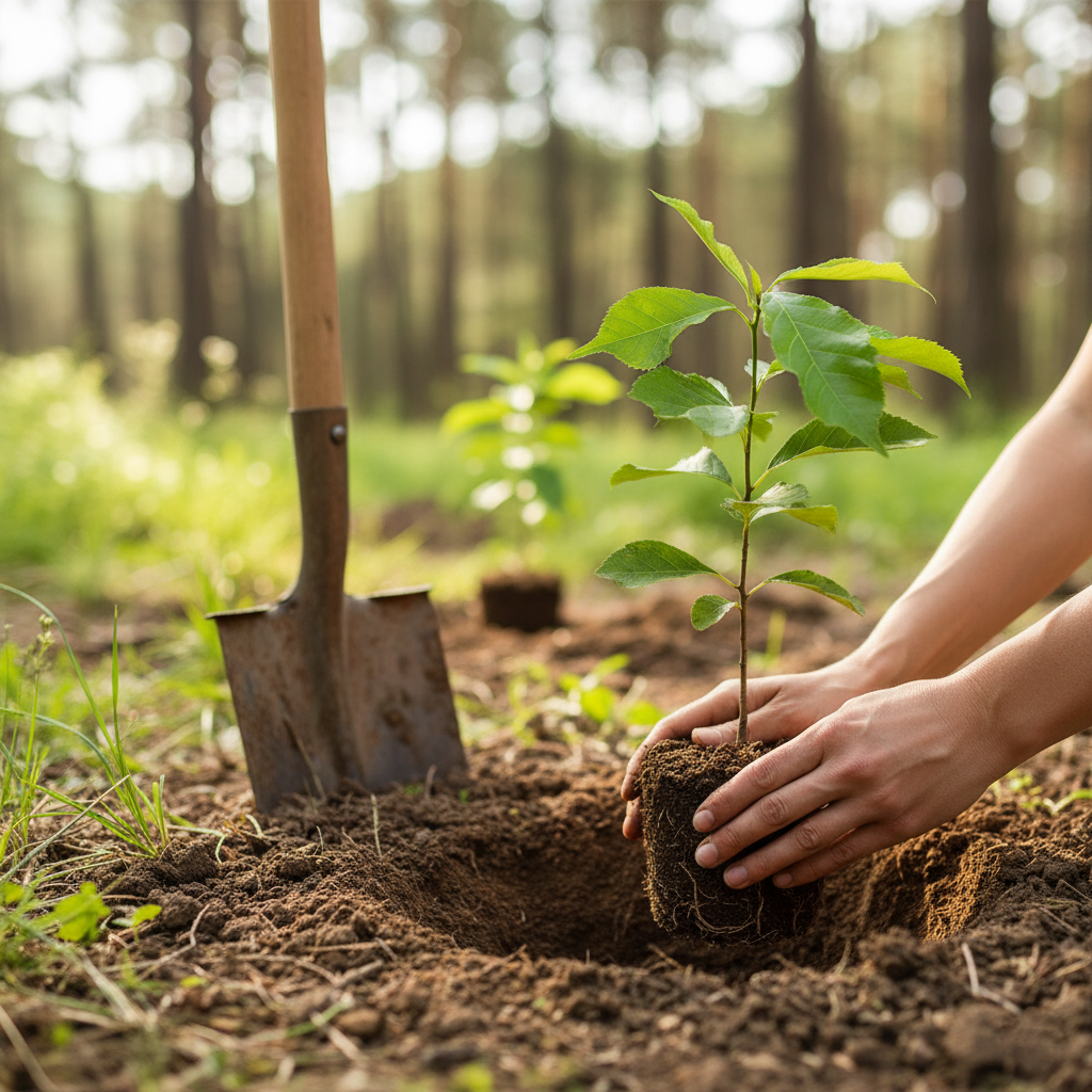 Persona plantando un árbol en un bosque